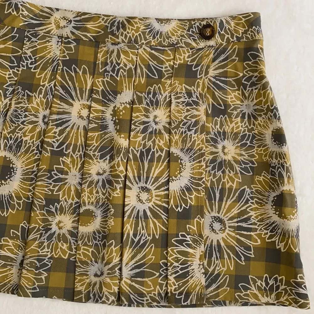 Urban Outfitters | Boho Dark Academia Pleated Plaid Floral Mini Wrap Front Skirt - Picture 5 of 16